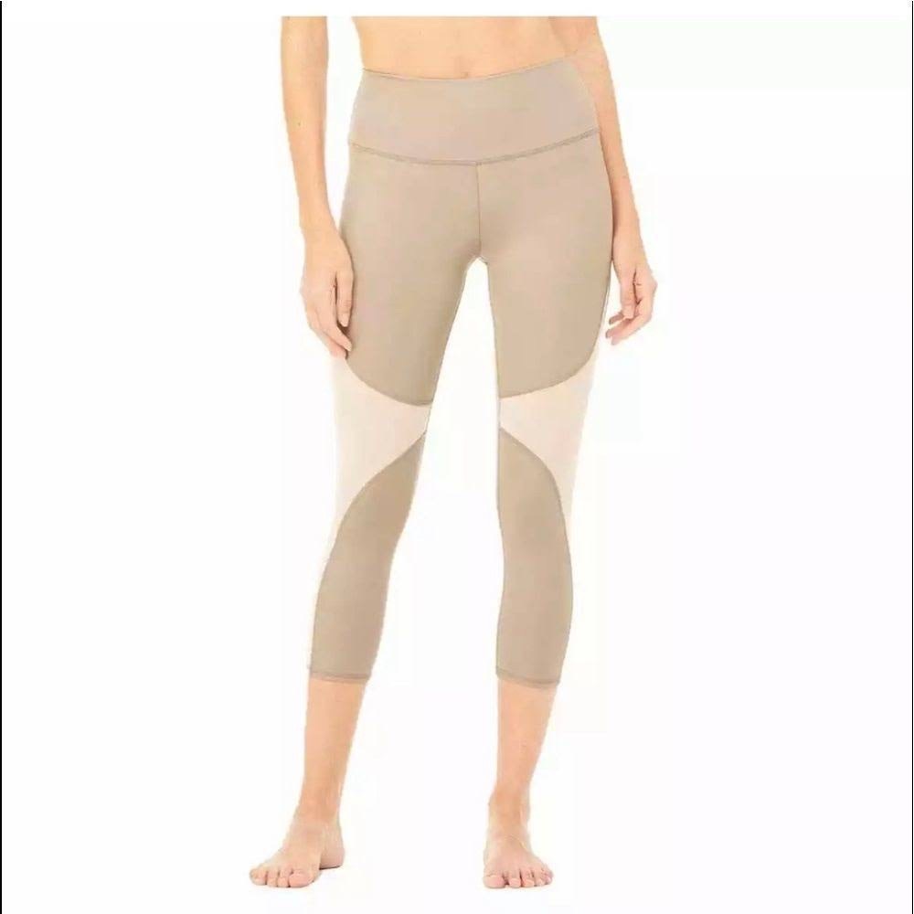 Alo Yoga High Waist Coast Capri Legging In Gravel Tan Mesh Cut Out XS